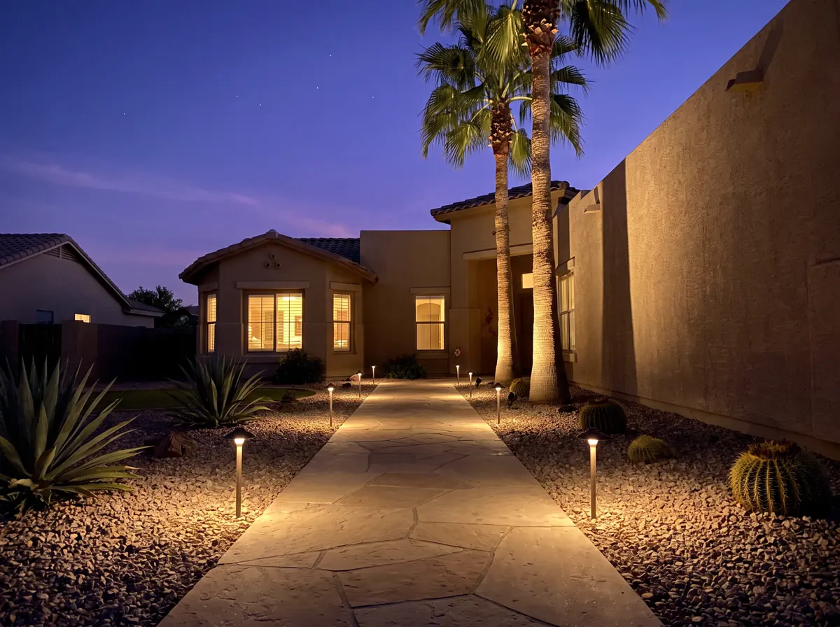 A desert home at dusk with path lights along a paver walkway and uplit palm trees